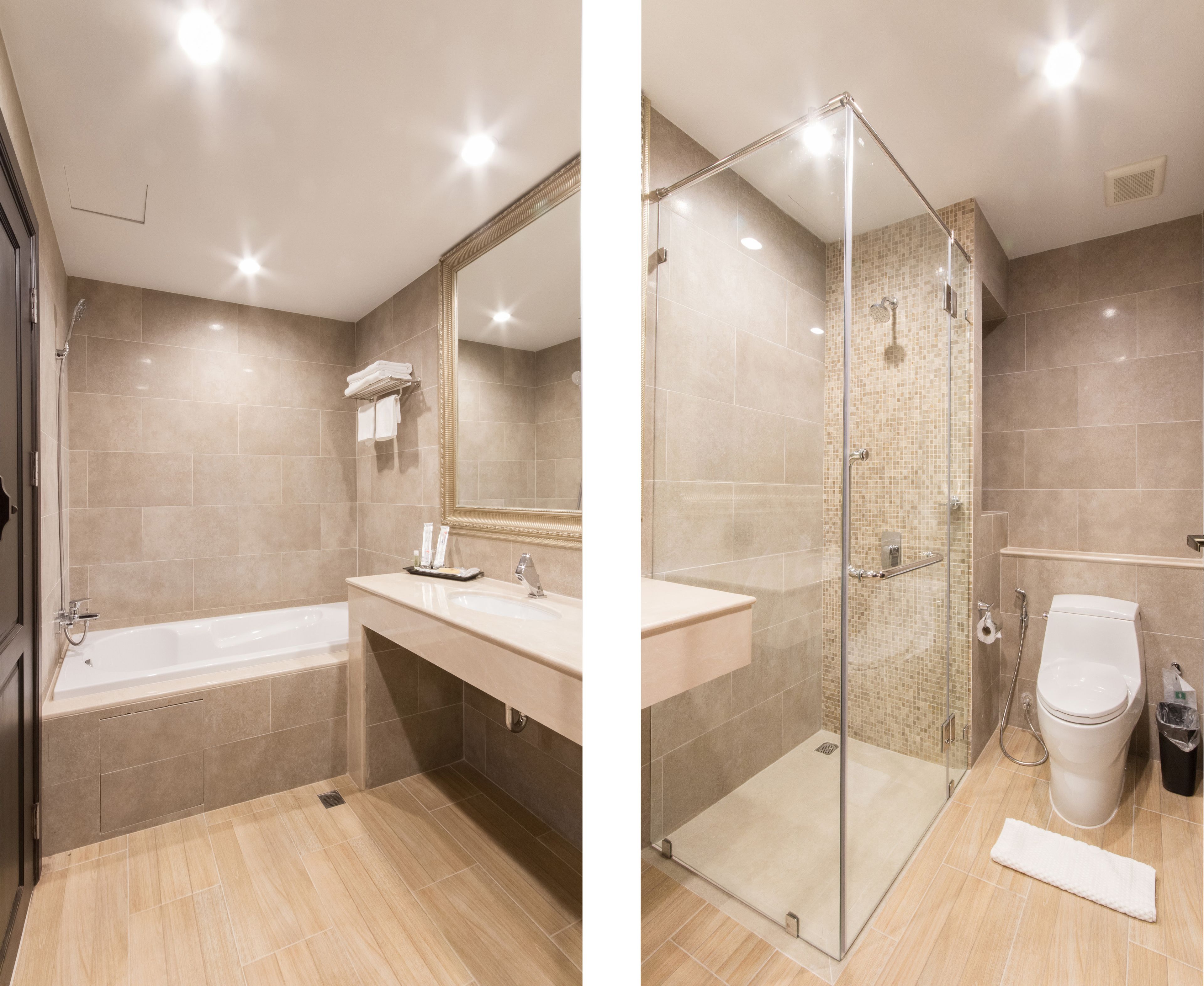 shower, free toiletries, hair dryer, bathrobes