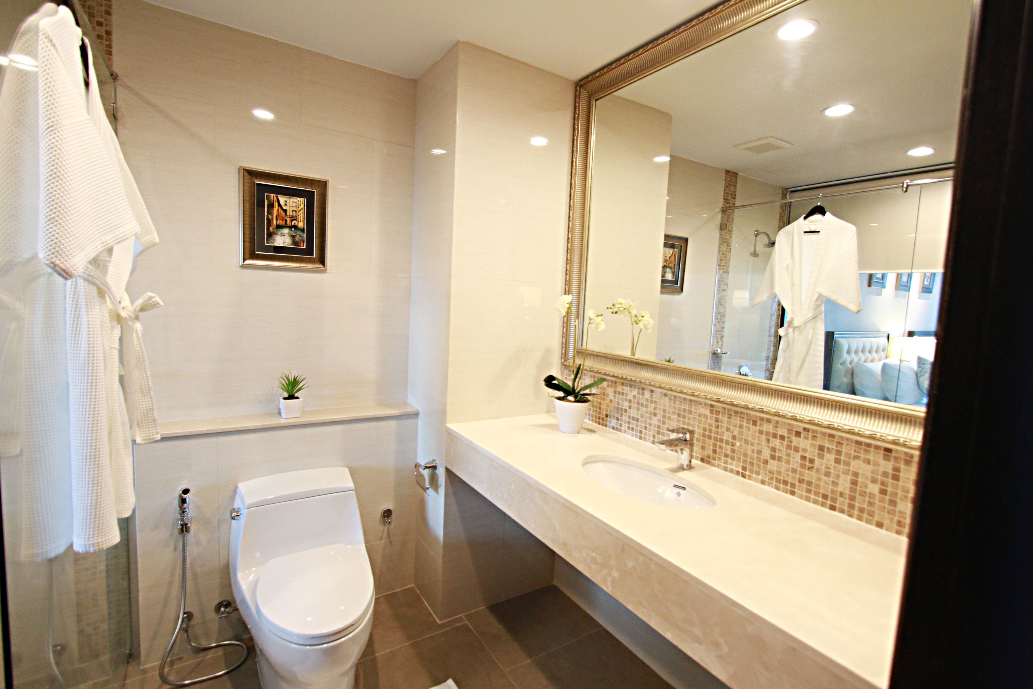 shower, free toiletries, hair dryer, bathrobes