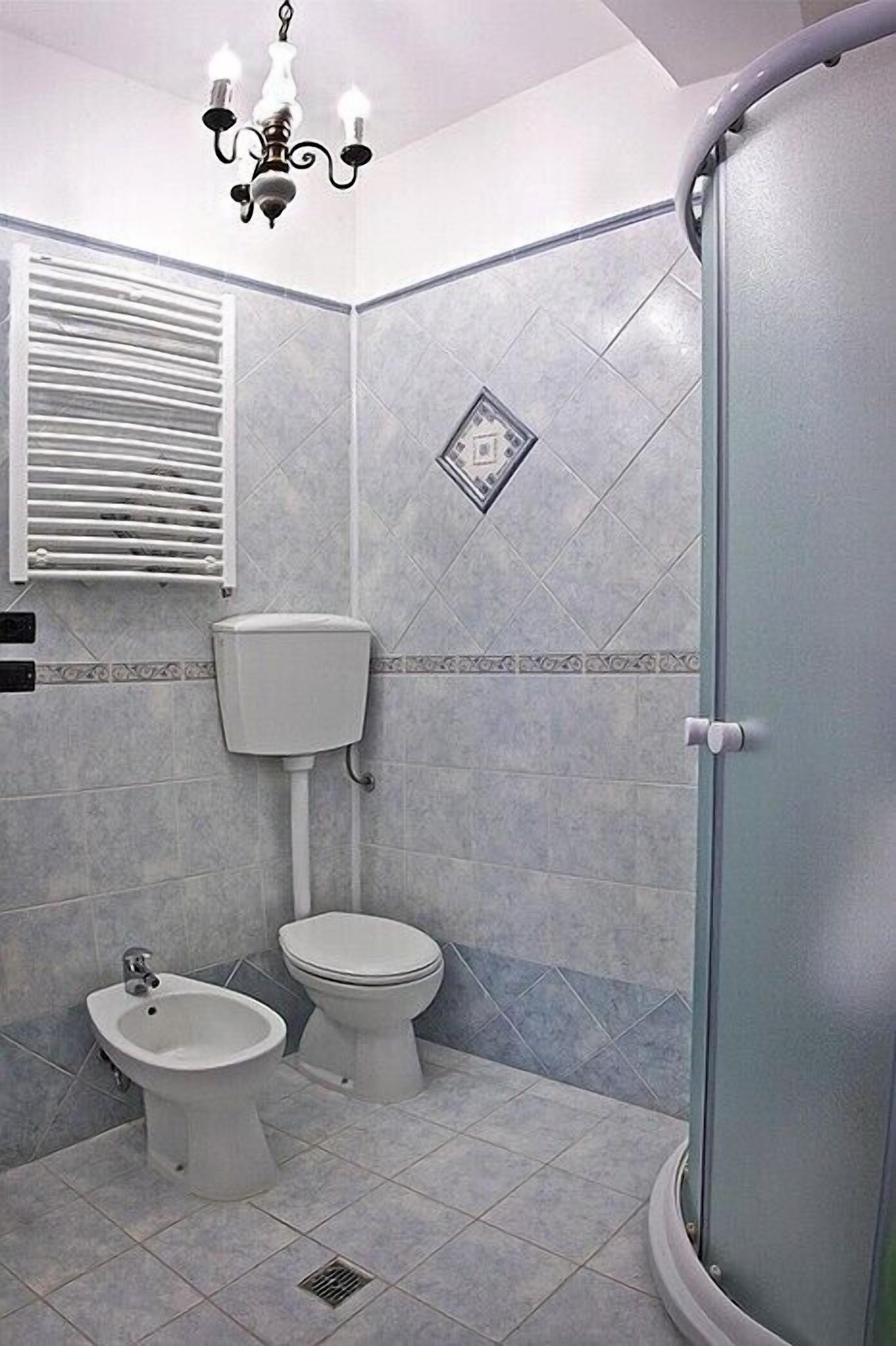 A bathroom with a shower, a bidet, and a toilet.