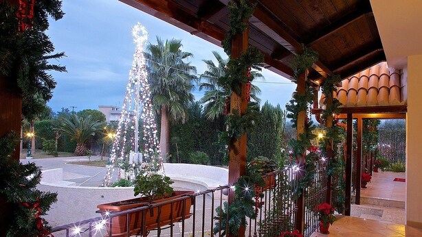 Un espacio al aire libre techado con un árbol de Navidad, barandillas y plantas en macetas.