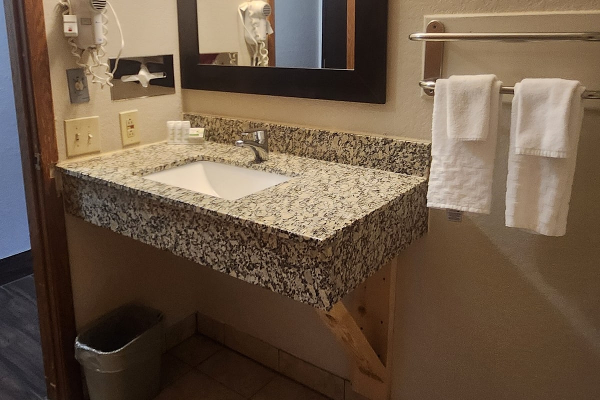 combined shower/bathtub, free toiletries, hair dryer, towels