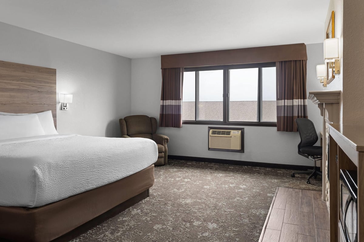 Habitación de hotel con una cama grande, una silla, una ventana con cortinas, un equipo de aire acondicionado y una chimenea.