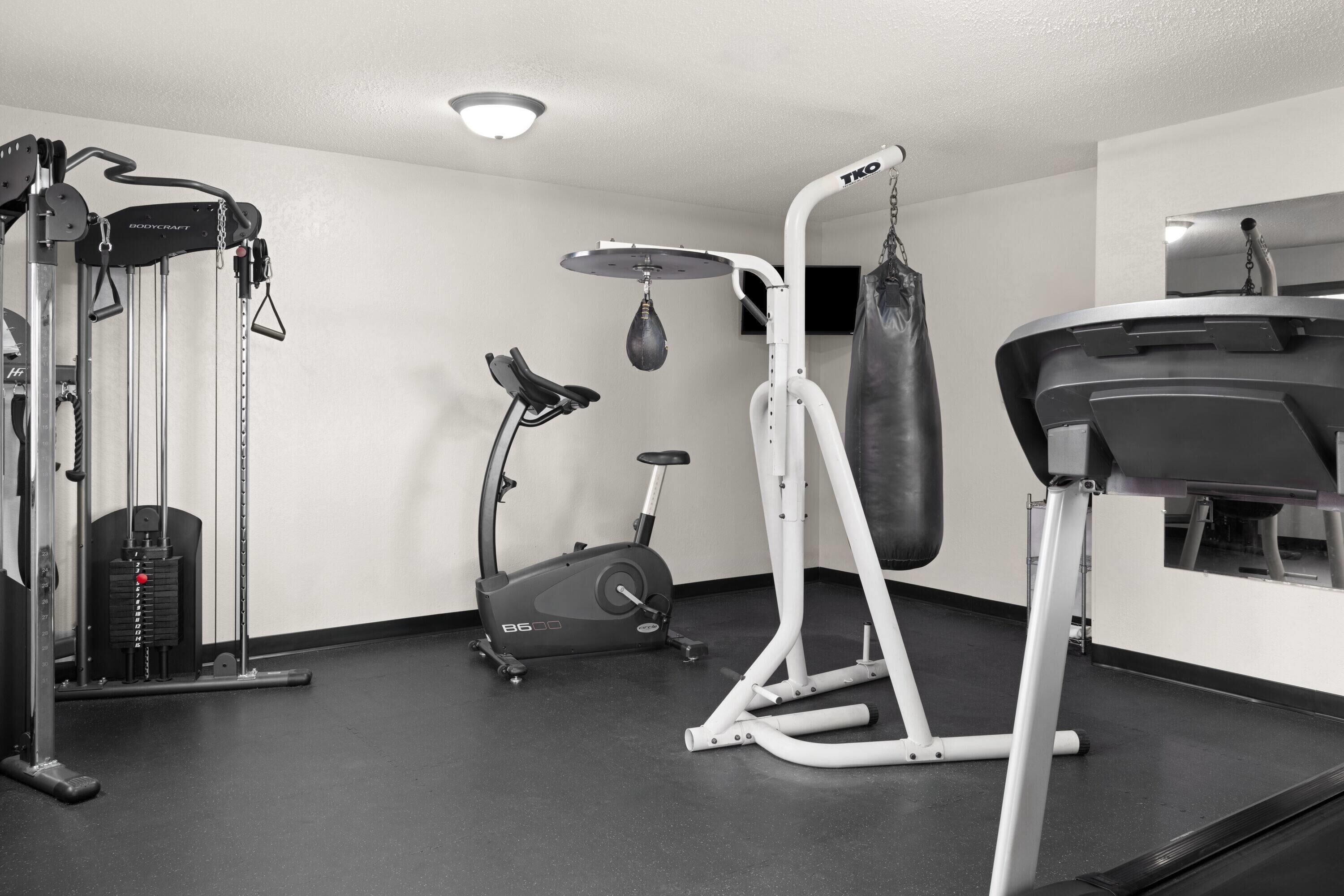 A gym with cardio equipment, weight machines, and a punching bag.