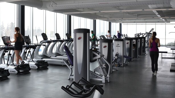 A gym with treadmills, stationary bikes, and weight machines.