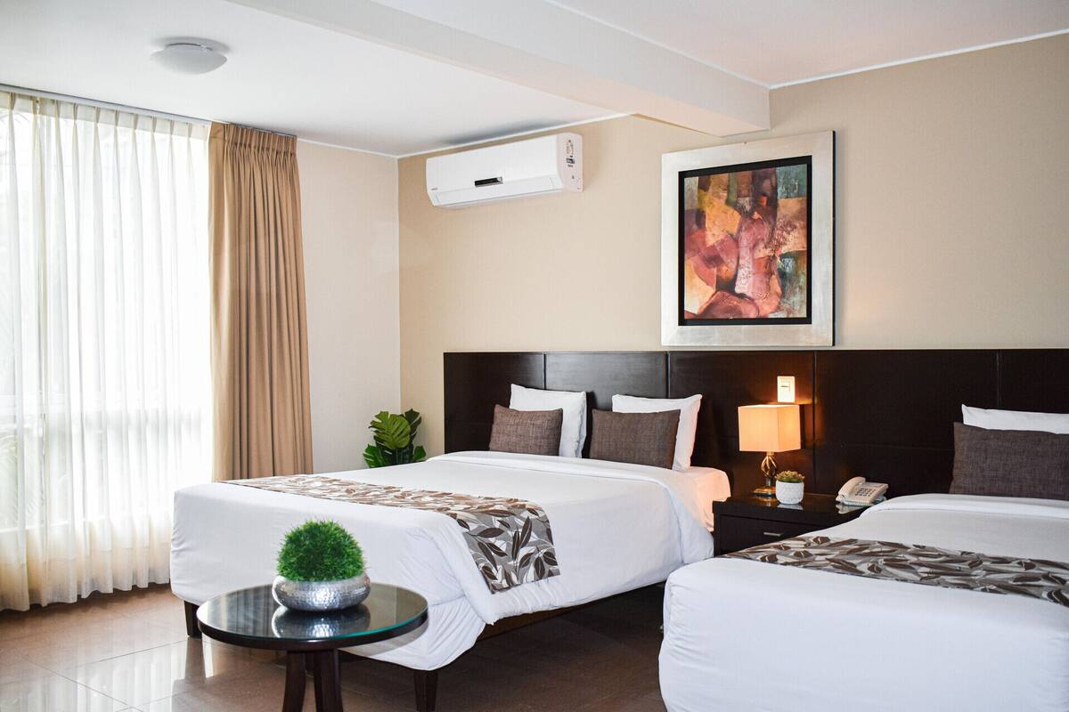A hotel room with two beds, a bedside table with a lamp, a plant, and an air conditioning unit on the wall.