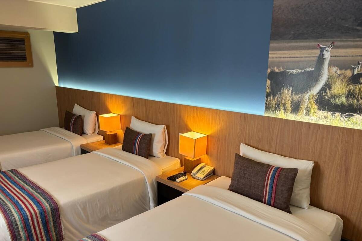 A hotel room with two beds, each with a bedside table, lamp, and telephone. The room has a blue accent wall and a painting of a llama.