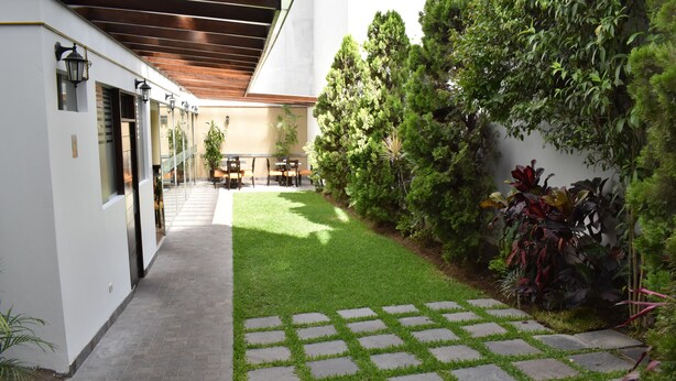 A courtyard with a paved walkway, a small lawn, and various plants. - Hotel El Tambo 1 (Lima)