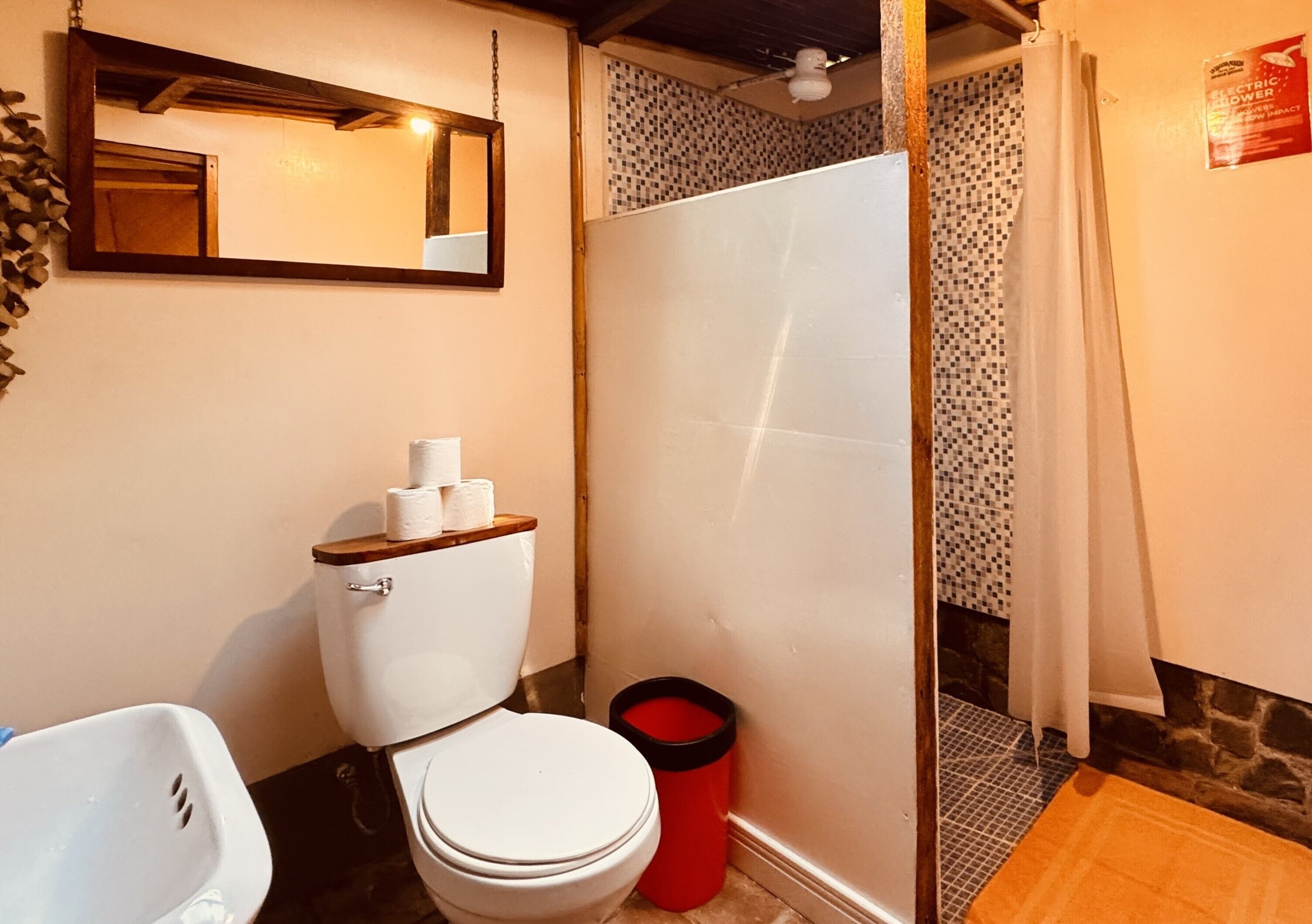 Een badkamer met toilet, wastafel en douche.