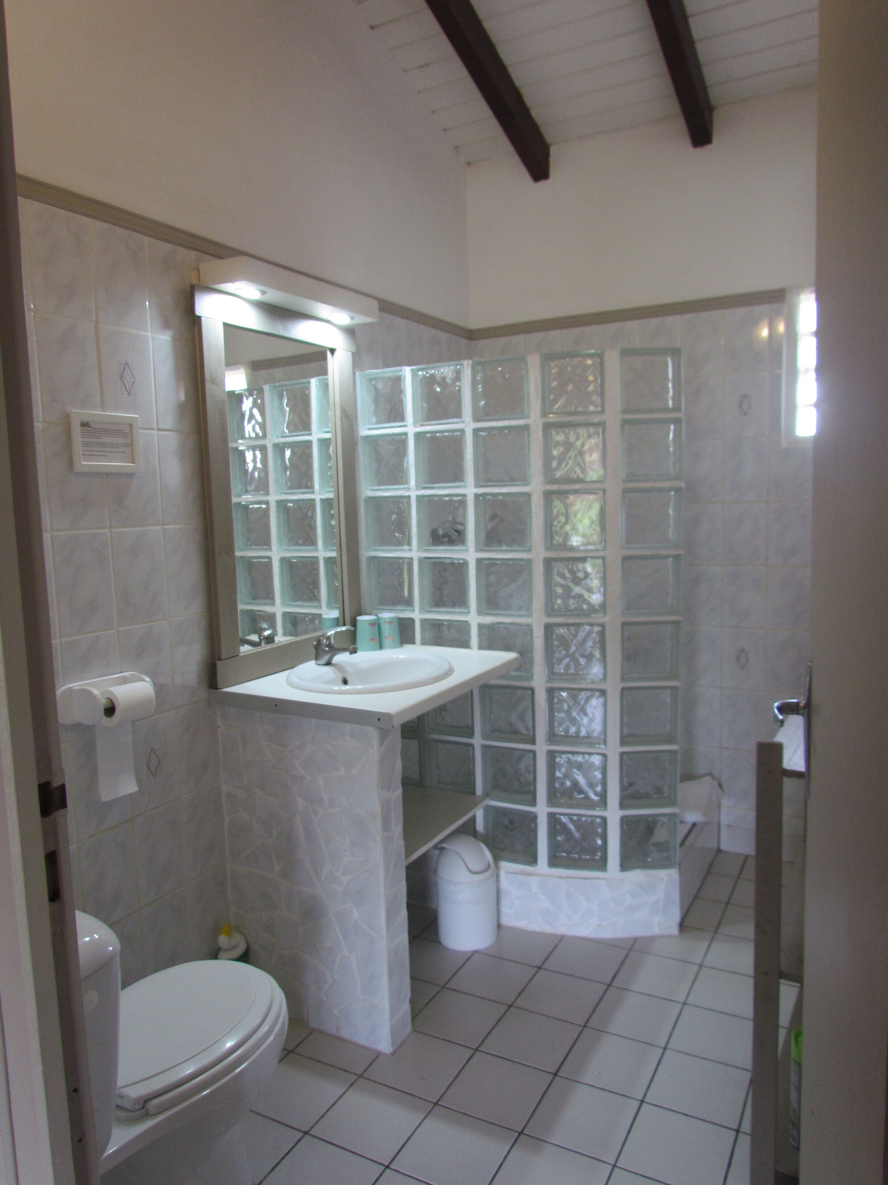 A bathroom with a toilet, sink, and glass shower enclosure.