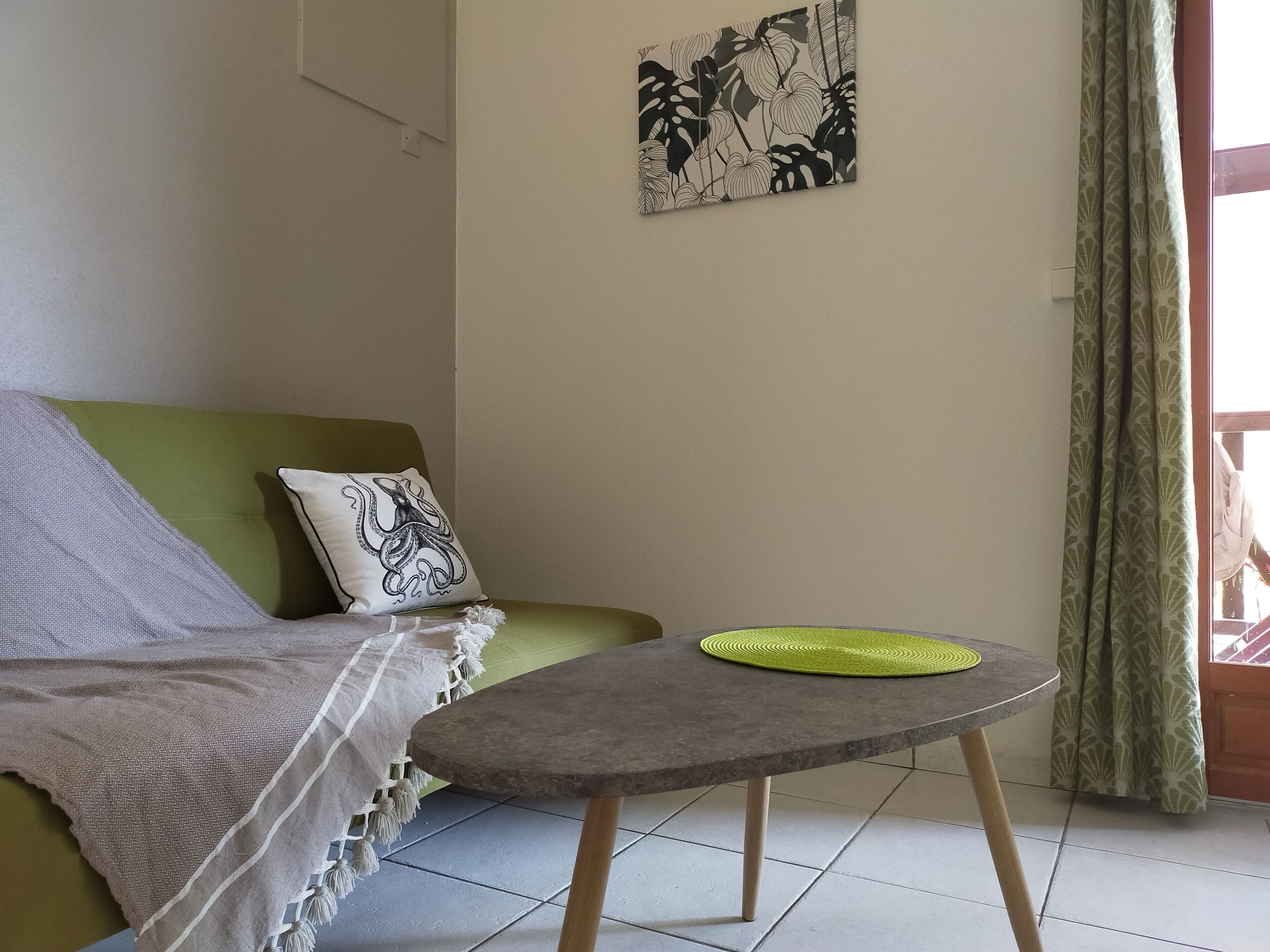 Ein Wohnzimmer mit einem grünen Sofa, einem kleinen Tisch mit grüner Unterlage und einem weißen Kissen mit Motiv eines schwarzen Oktopusses.