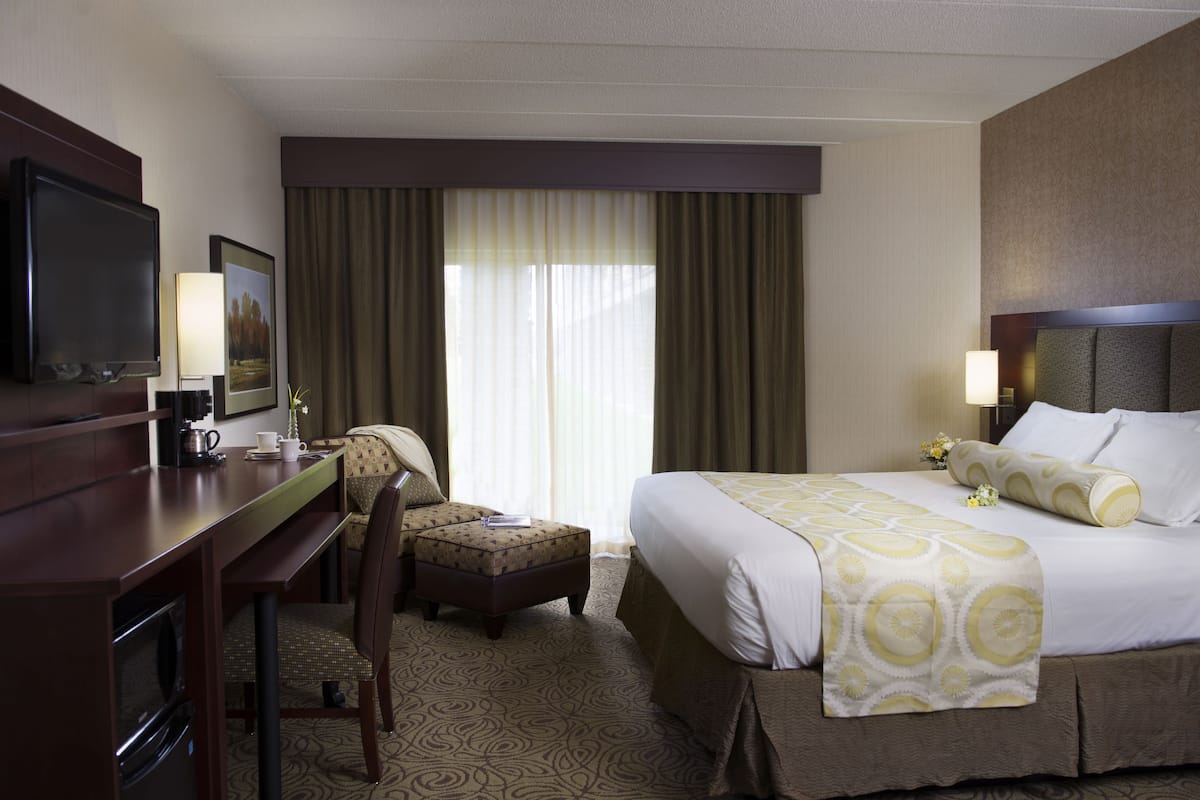 Een hotelkamer met een bed, een bureau met televisie, een stoel en een raam met gordijnen.