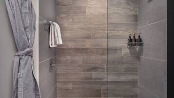 Designer toiletries, hair dryer, bathrobes, towels