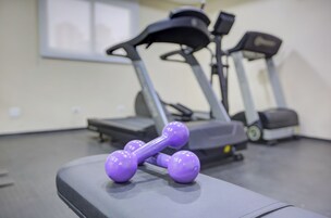Un gimnasio con equipo de ejercicio, incluyendo mancuernas y cintas de correr.