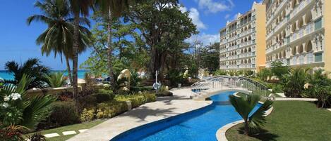 2 outdoor pools, pool umbrellas, pool loungers