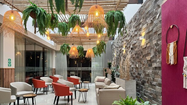 Un espacio interior moderno con zonas de estar, plantas colgantes y una pared de piedra.
