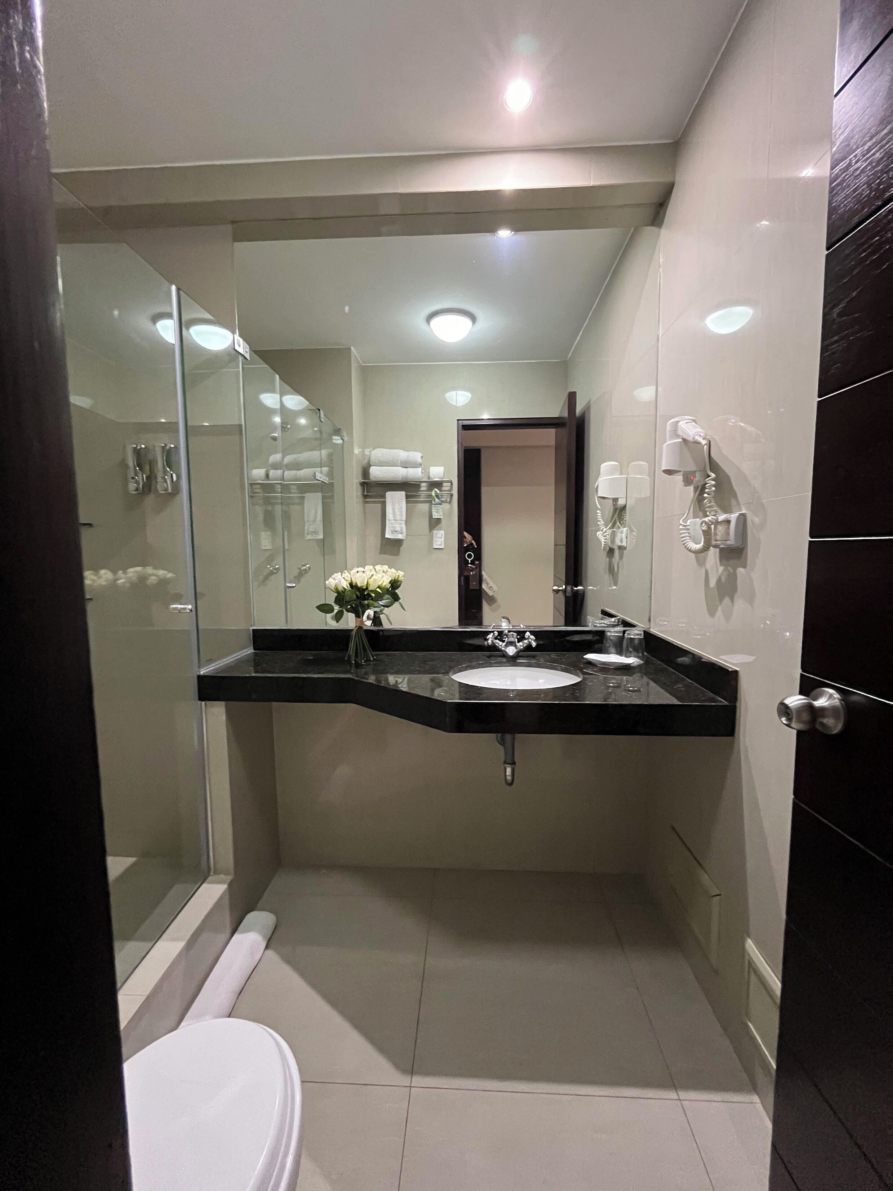standard twin room | bathroom | shower, free toiletries, hair dryer, towels