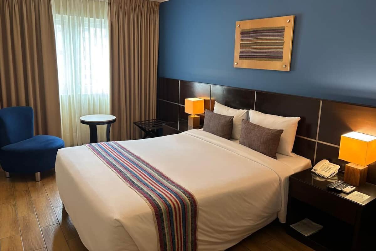 Camera d'albergo con un letto grande, un comodino con una lampada, una sedia e vista all'esterno attraverso una finestra con tende.
