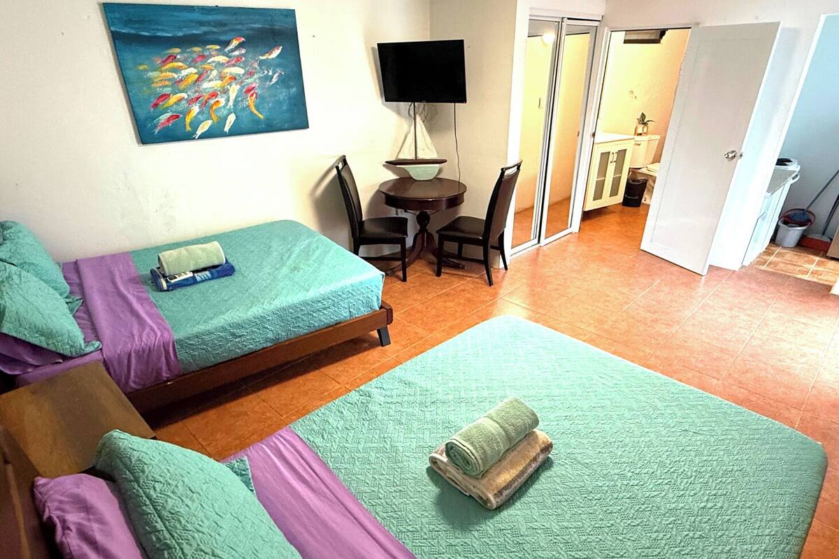 Une chambre avec deux lits, une télévision et une petite table.