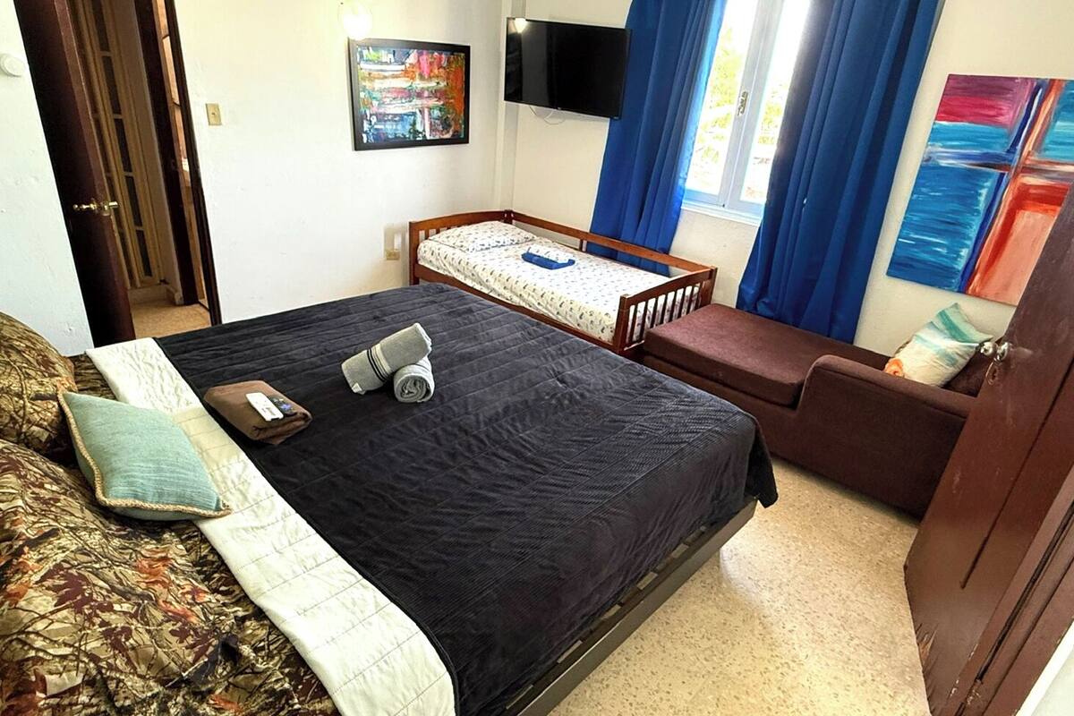Une chambre à coucher avec un lit, un canapé, une télévision et une fenêtre avec des rideaux.