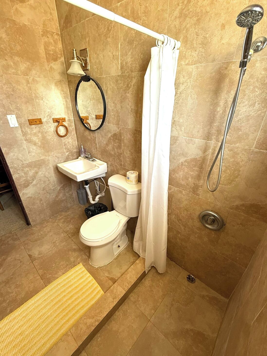 A bathroom with a toilet, sink, shower, and a mirror.