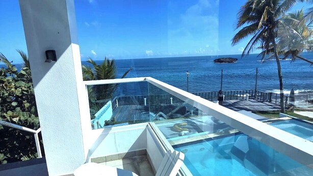 A modern infinity pool with a clear view of the ocean and palm trees.
