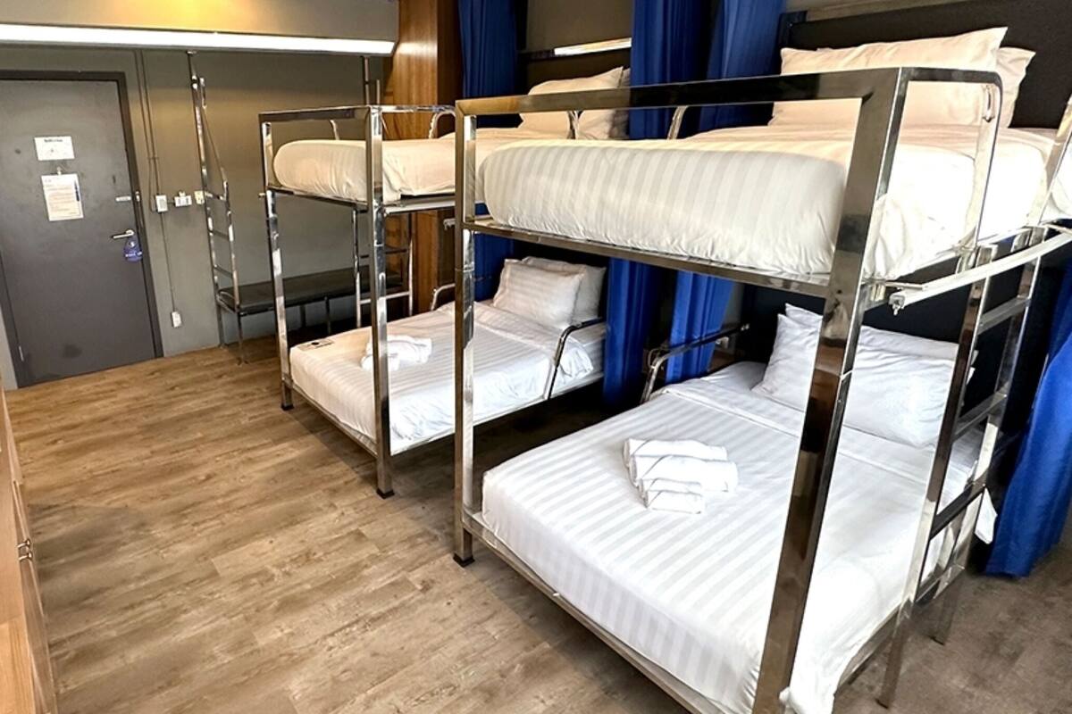A bunk bed room with a wooden desk, a mirror, and a small potted plant.