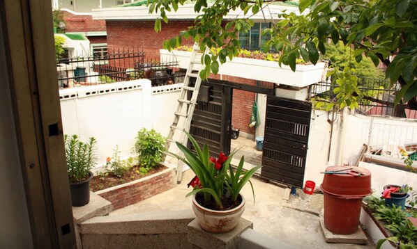 A view from a balcony overlooking a courtyard with potted plants, a red barrel, and a black gate.