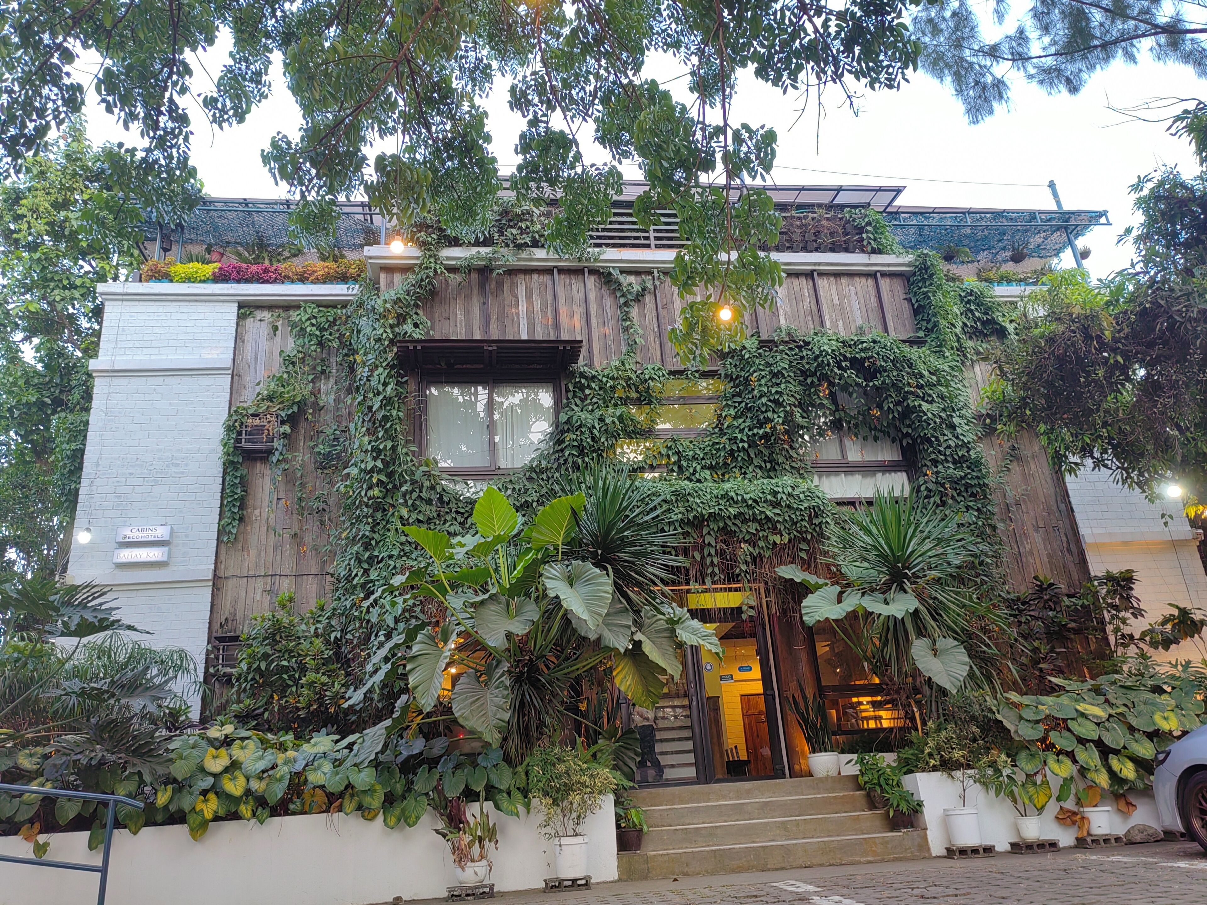 A building with a wooden facade partially covered in greenery, a visible entrance with steps, and a sign indicating "CABINS @ CONGRUIDES."