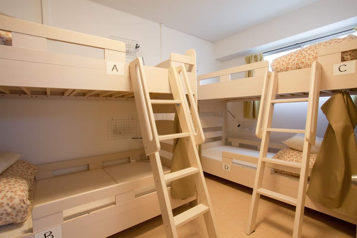 A bunk bed room with three labeled beds A, B, and C, each with a ladder.
