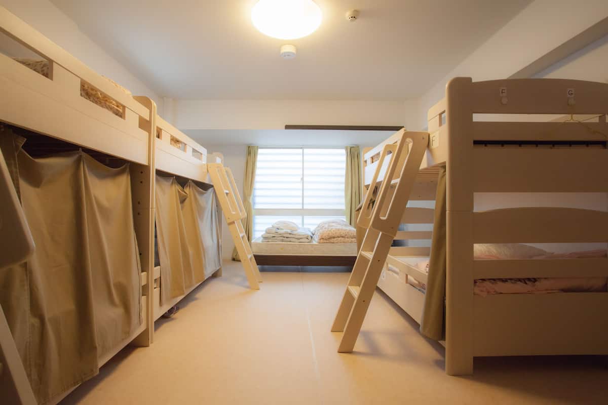 A bunk bed room with a window, a ladder, and a closet.