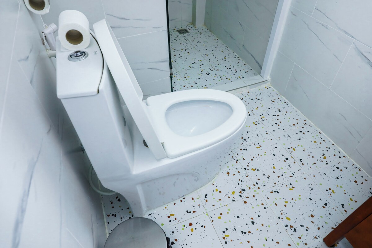 Un baño con inodoro, dispensador de papel higiénico y zona de ducha.