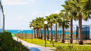 A coastal walkway lined with palm trees and street lamps, leading to a beach. - Medea Beach Resort (Capaccio-Paestum)