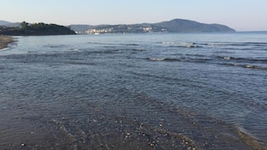 A coastal scene with calm waters, a sandy beach, and distant hills with buildings. - Medea Beach Resort (Capaccio-Paestum)