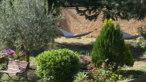 Un jardín con una hamaca, un banco y diversas plantas.