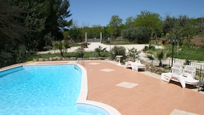 Una piscina con borde de baldosas, rodeada de follaje y una valla.