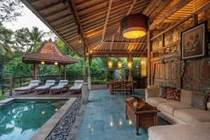 Family Three-Bedroom Villa with Private Pool | Living area | 32-inch LED TV with satellite channels, TV