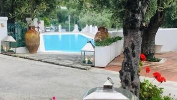 Seasonal outdoor pool, pool umbrellas, pool loungers