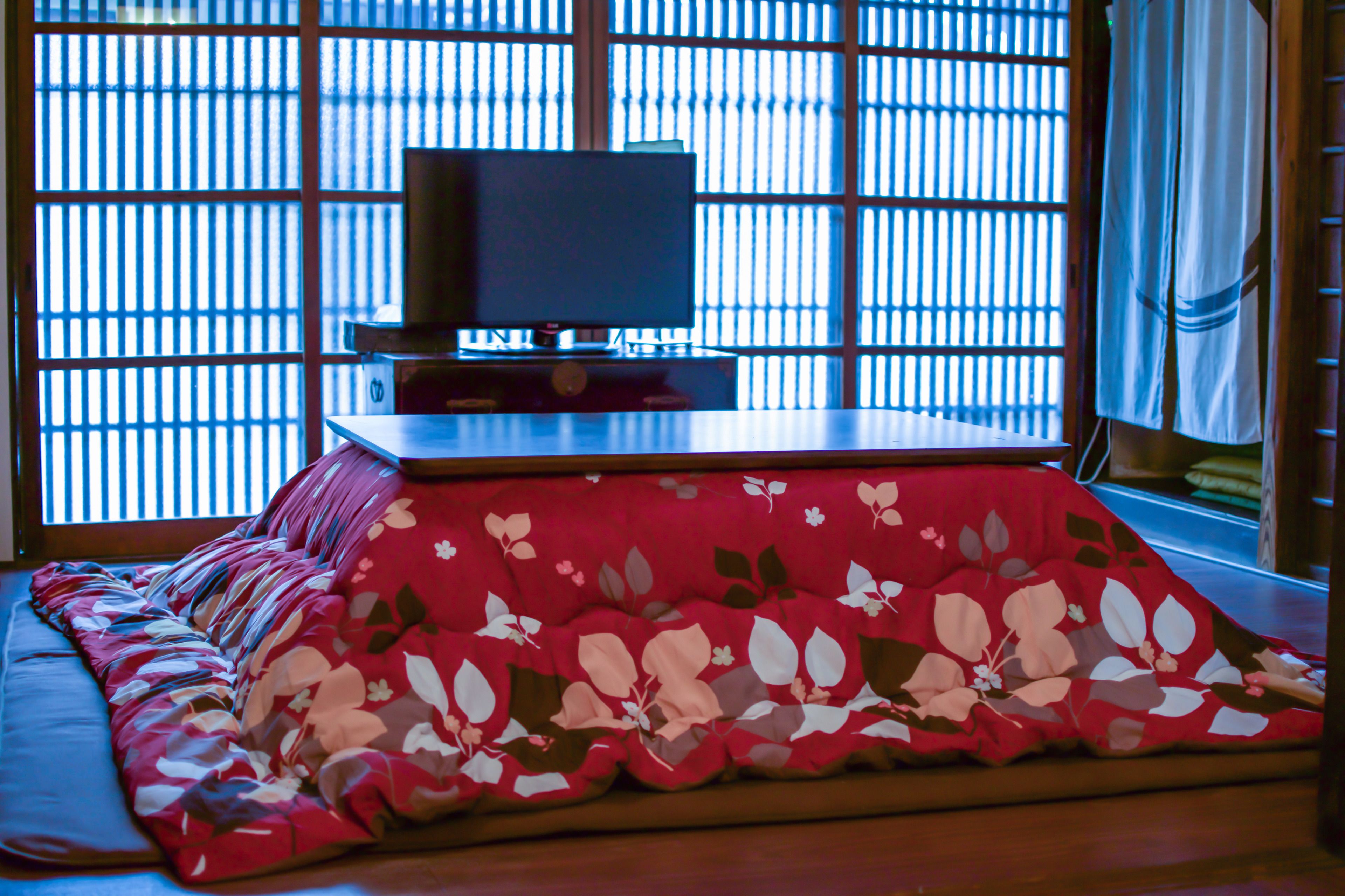 A traditional Japanese room with tatami flooring, a low table with a television, and a shoji screen in the background.