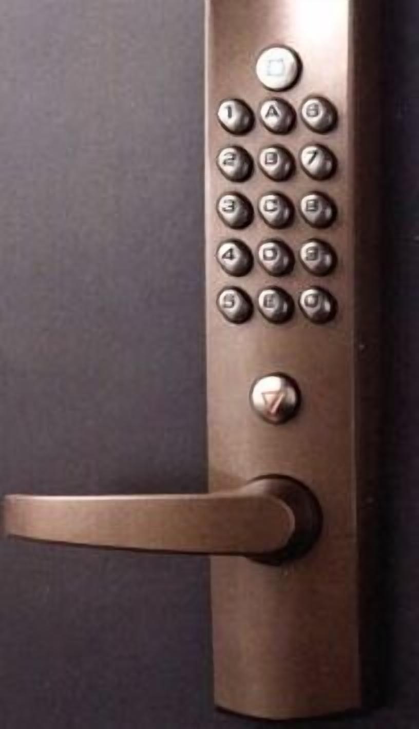 Une porte dotée d’un clavier pour le verrouillage et d’une poignée à levier.
