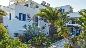 A white building with blue shutters and a stone pathway leading to it. - Kohili Studios (Paros)