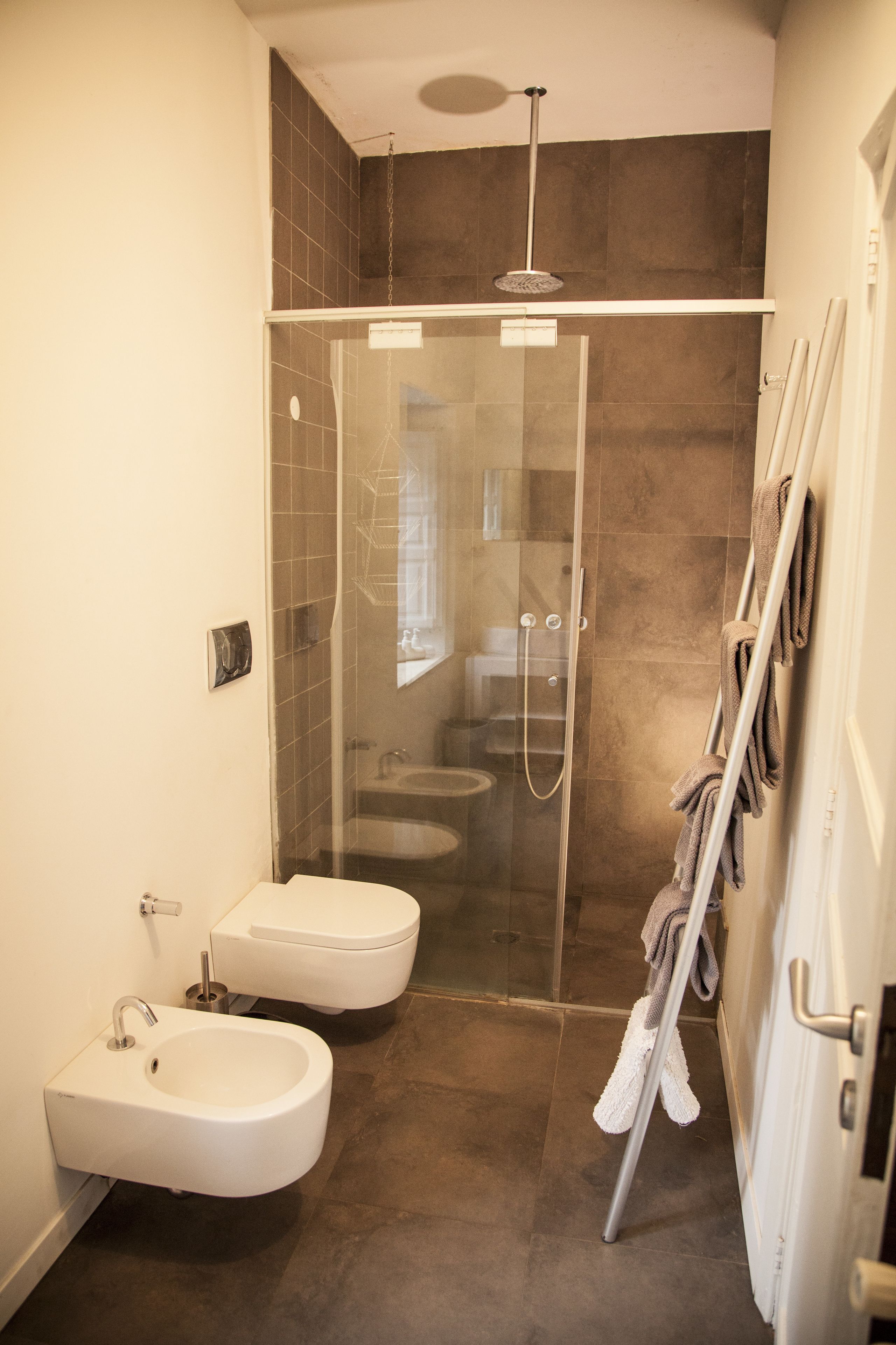 A modern bathroom with a glass-enclosed shower, a bidet, and a towel rack.
