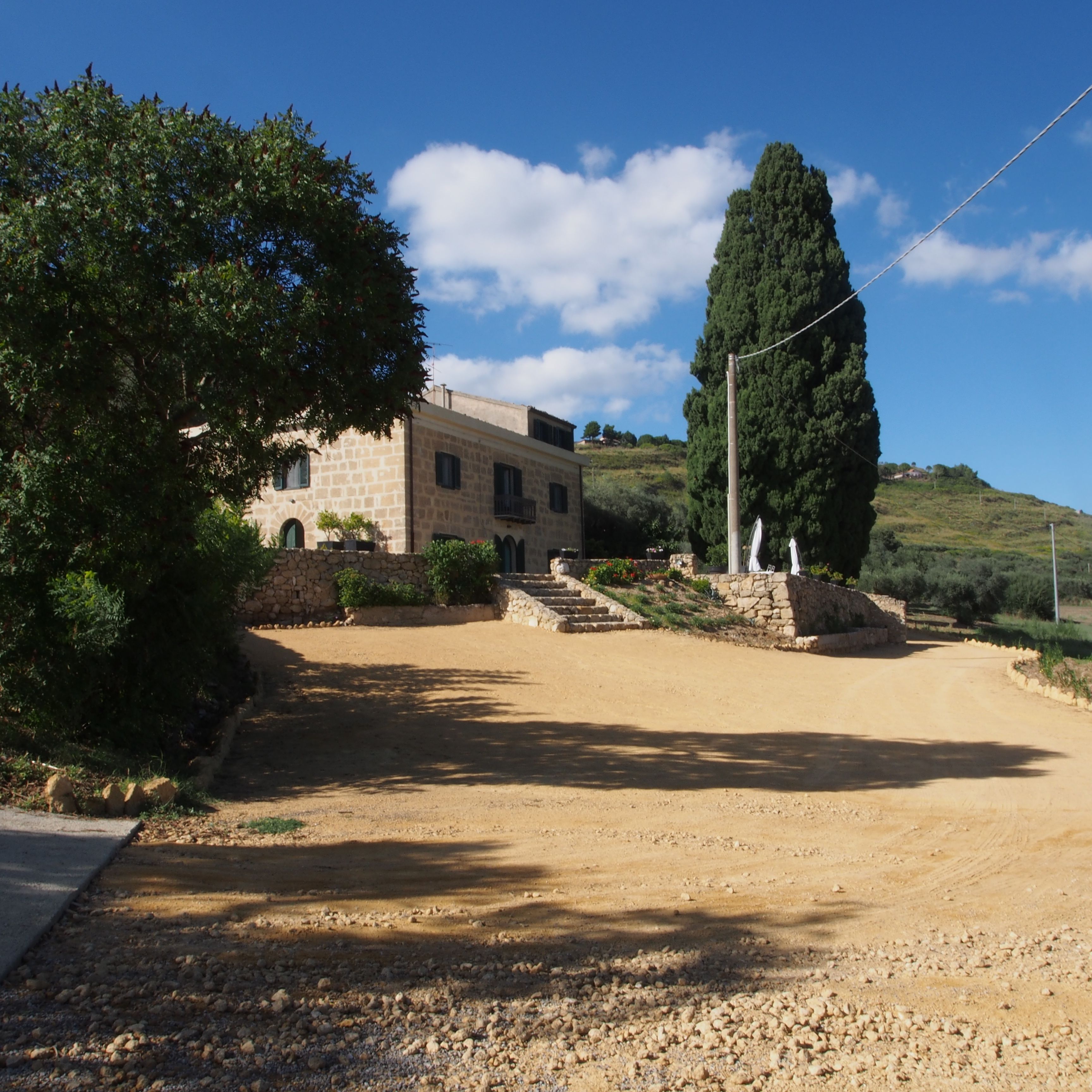 A stone building with a paved driveway and a large tree in front.