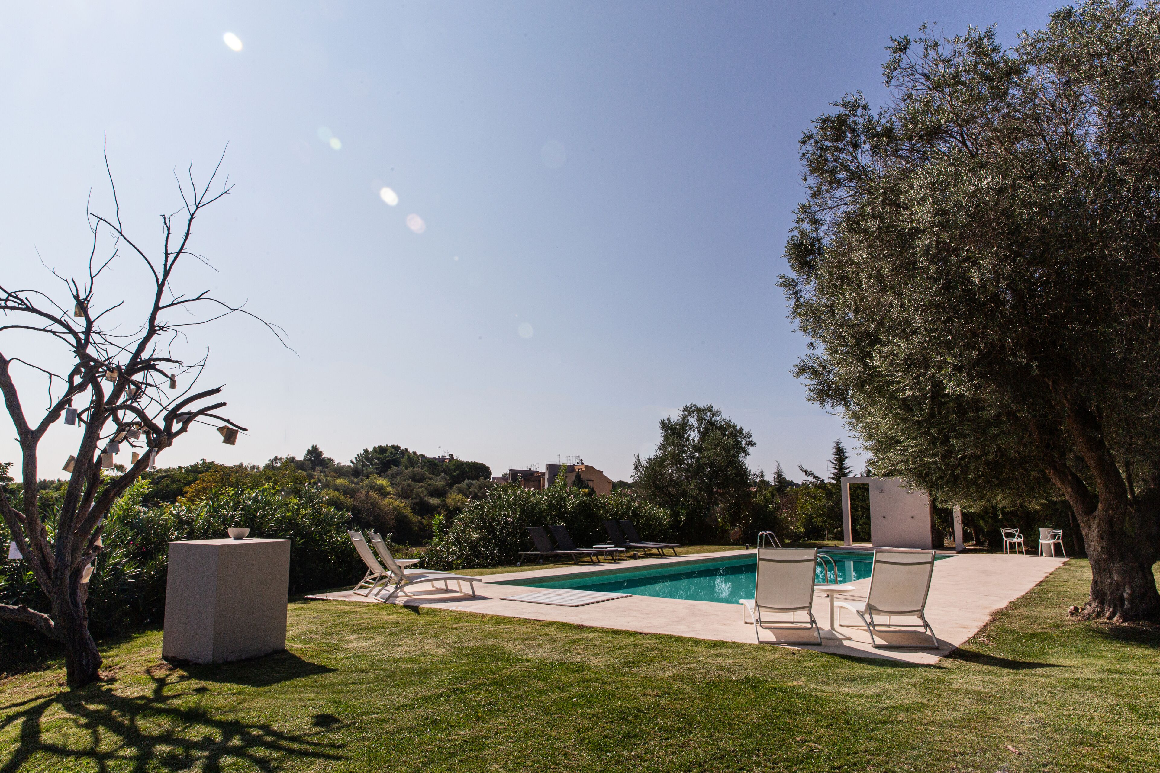 A swimming pool with lounge chairs and a table, surrounded by greenery and trees.