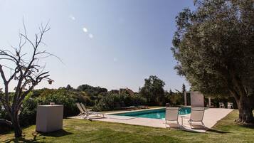 A swimming pool with lounge chairs and a table, surrounded by greenery and trees.