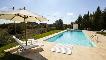 Seasonal outdoor pool, open 8:00 AM to 8:00 PM, pool umbrellas