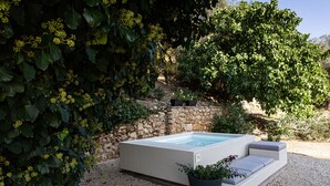 Un jacuzzi con una pared de piedra y follaje de fondo.
