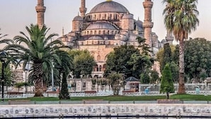 A mosque with a large central dome and four minarets, surrounded by palm trees and a reflective water feature.