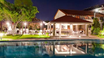 Outdoor pool, pool umbrellas, pool loungers