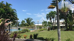 A well-maintained garden with palm trees and a pool area. - Hotel Village Soleil (Le Gosier)
