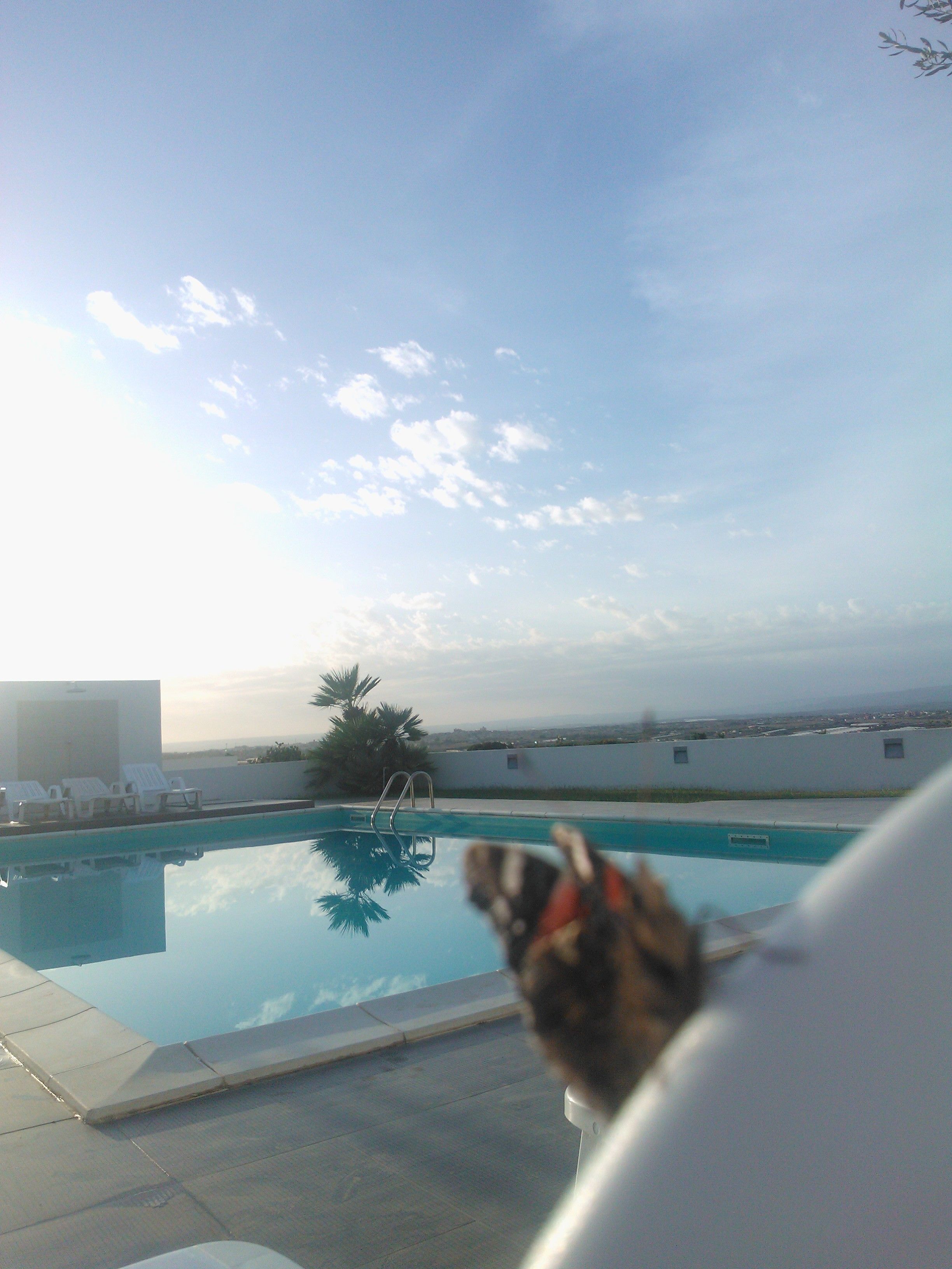 A pool with a clear view of the sky and distant landscape.